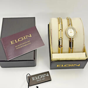 Elgin Women's Crystal Accented Gold Tone Dress Watch & Bracelet Box Set EG8089ST